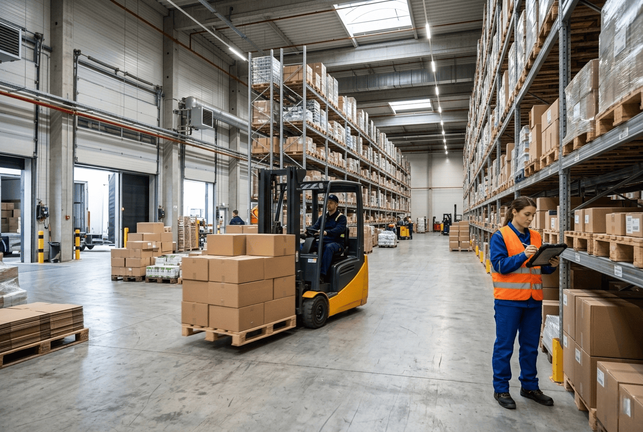 Operativa de logística de aprovisionamiento en un almacén con control de stock y mercancía organizada