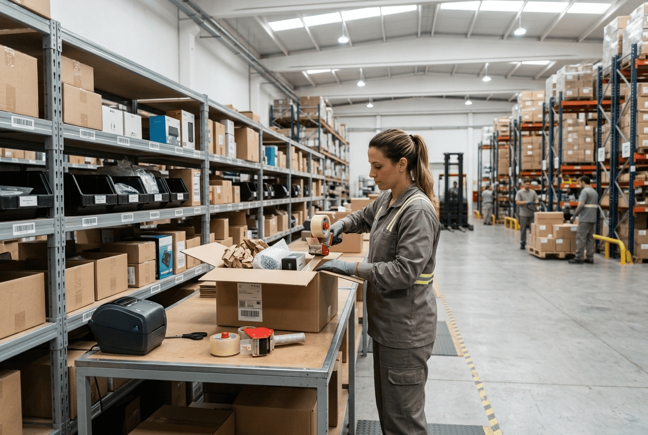 Operario preparando pedidos en un almacén con tareas de picking y packing